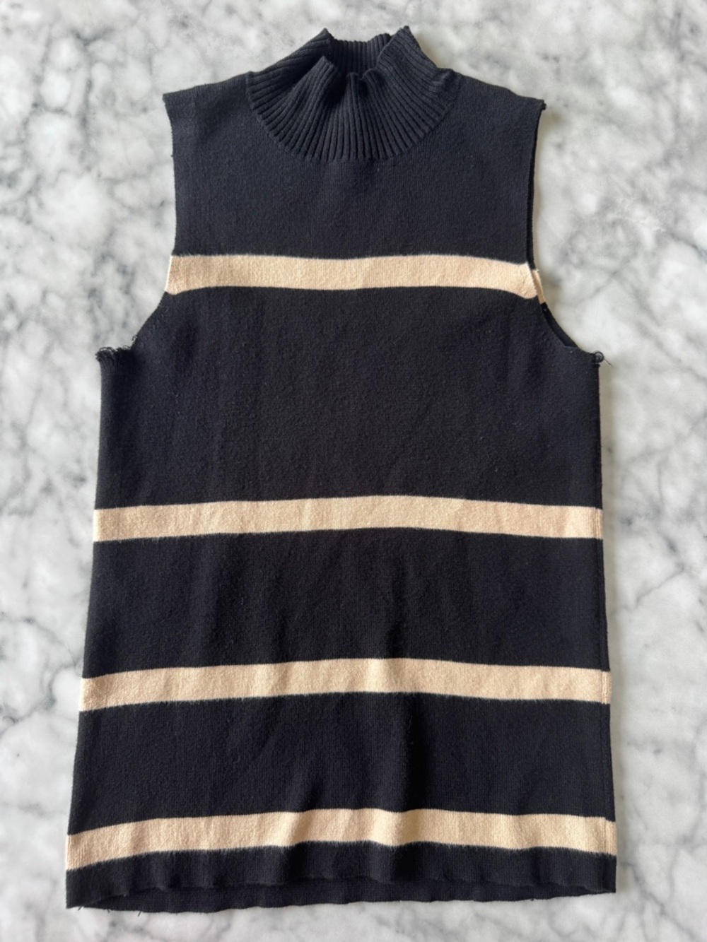 Women’s Sleeveless Black Knit Tunic with Beige Stripes